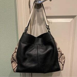 Coach Black and Brown Lexy Shoulder Bag with Snake Embossed Leather Trim